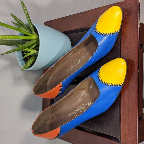 Vintage 80's yellow/blue/red block print leather heels by Bill Valentine - Picture 2 of 7